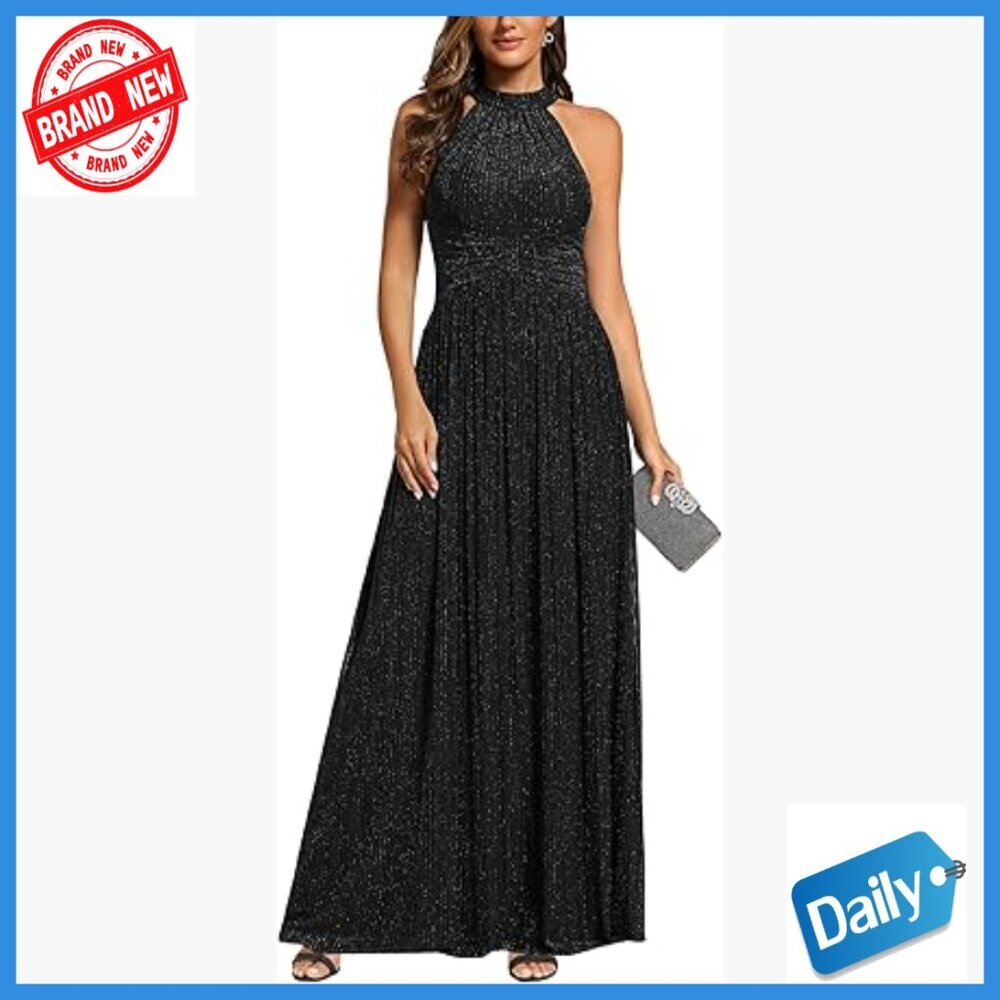 Glitter Halter Formal Dress Sleeveless Floor Length A-Line Evening Gown